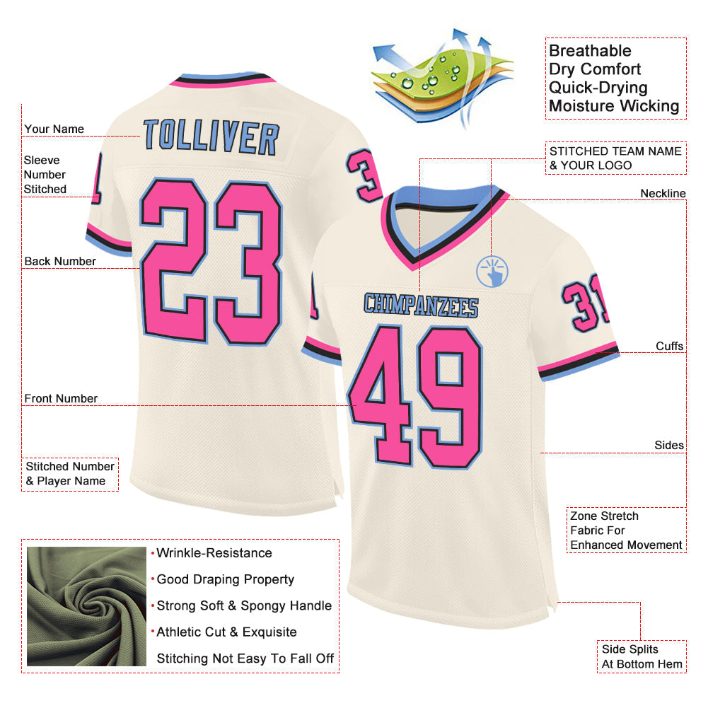 Custom Cream Pink Black-Light Blue Mesh Authentic Throwback Football Jersey view 2