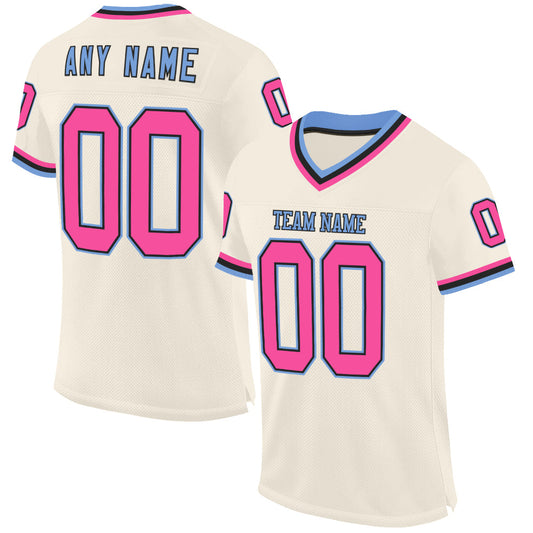 Custom Cream Pink Black-Light Blue Mesh Authentic Throwback Football Jersey - Main View