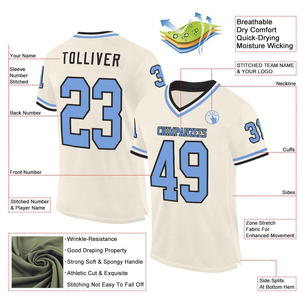 Custom Cream Light Blue Black-White Mesh Authentic Throwback Football Jersey view 2