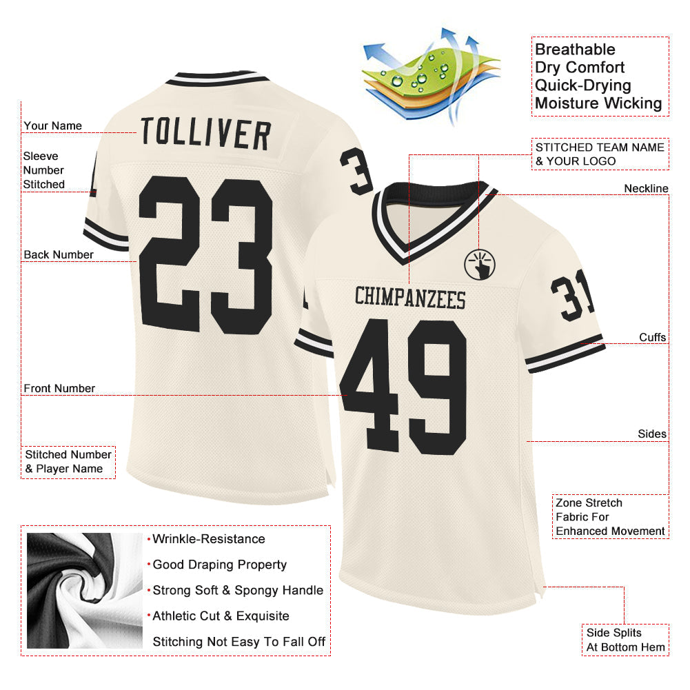 Custom Cream Black-White Mesh Authentic Throwback Football Jersey view 2