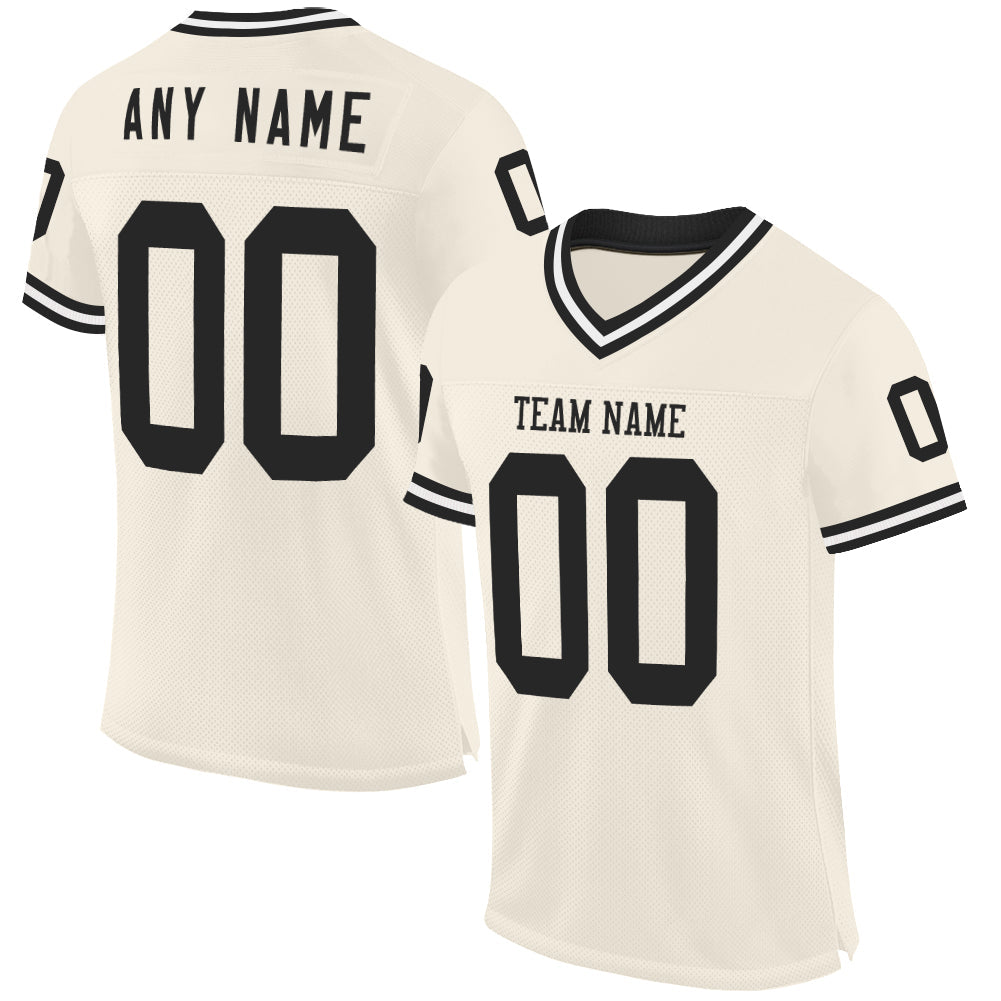 Custom Cream Black-White Mesh Authentic Throwback Football Jersey - Main View