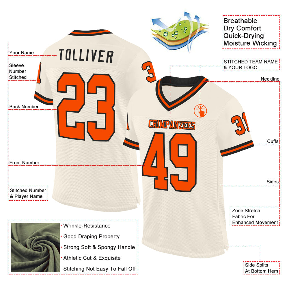 Custom Cream Orange-Black Mesh Authentic Throwback Football Jersey view 2