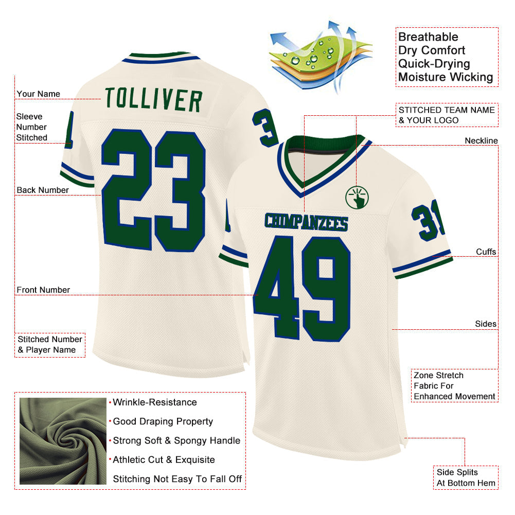 Custom Cream Green-Royal Mesh Authentic Throwback Football Jersey view 2