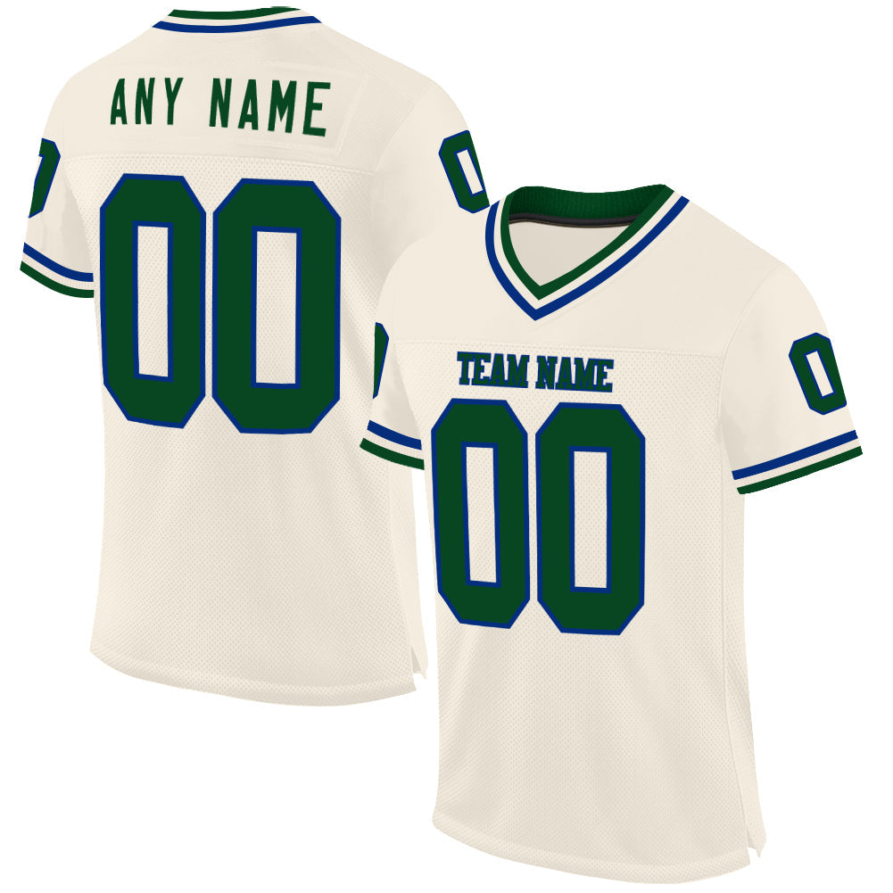 Custom Cream Green-Royal Mesh Authentic Throwback Football Jersey - Main View