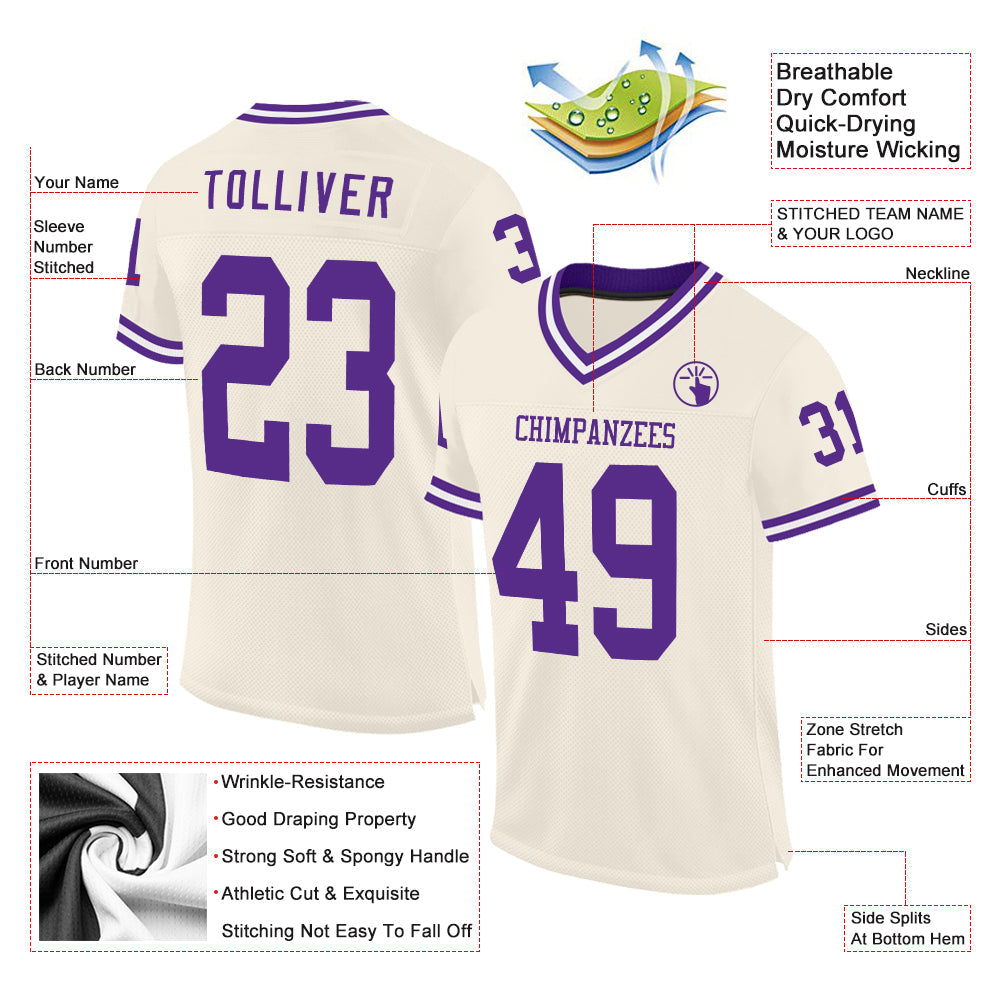 Custom Cream Purple-White Mesh Authentic Throwback Football Jersey view 2