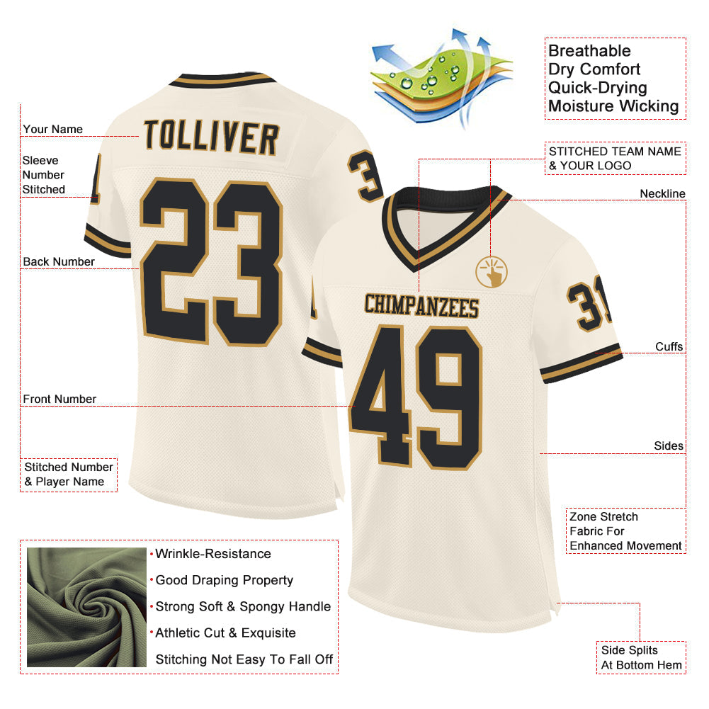 Custom Cream Black-Old Gold Mesh Authentic Throwback Football Jersey view 2