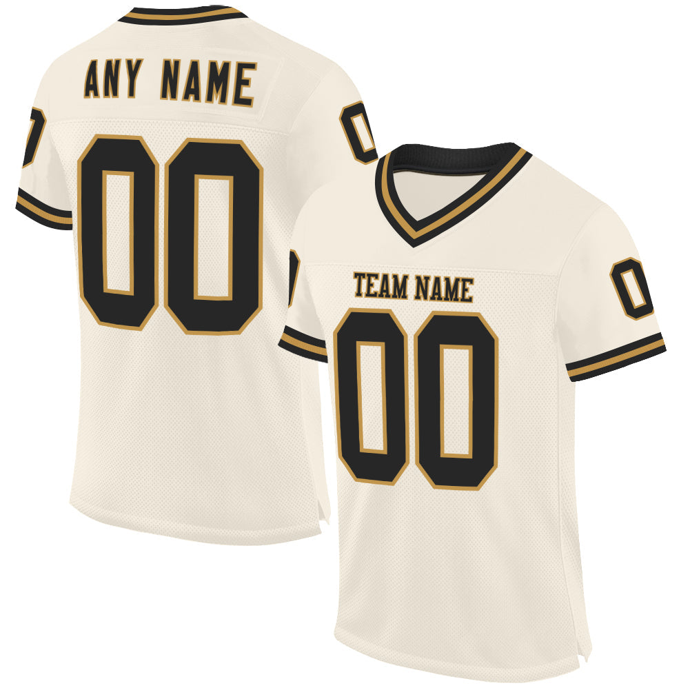 Custom Cream Black-Old Gold Mesh Authentic Throwback Football Jersey - Main View