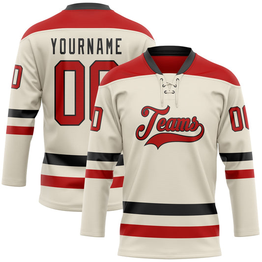 Custom Cream Red-Black Hockey Lace Neck Jersey - Main View