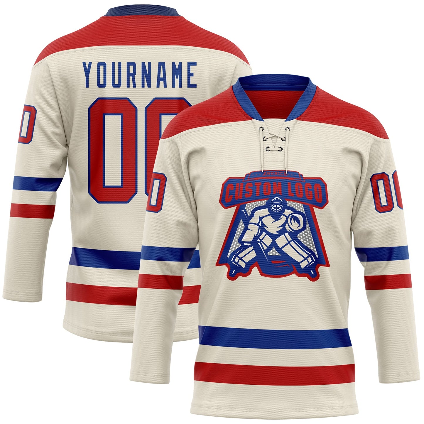 Custom Cream Red-Royal Hockey Lace Neck Jersey view 2