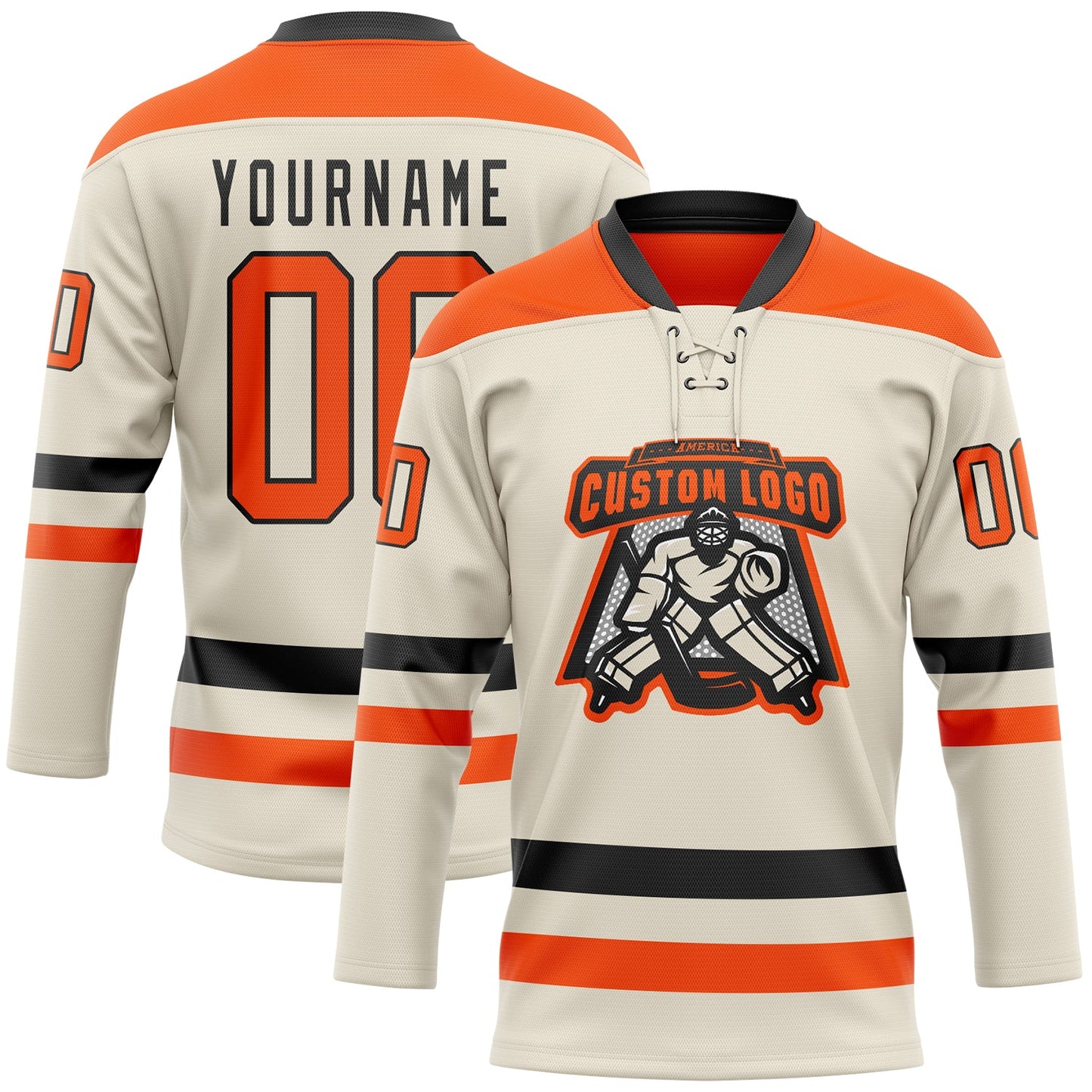 Custom Cream Orange-Black Hockey Lace Neck Jersey view 2