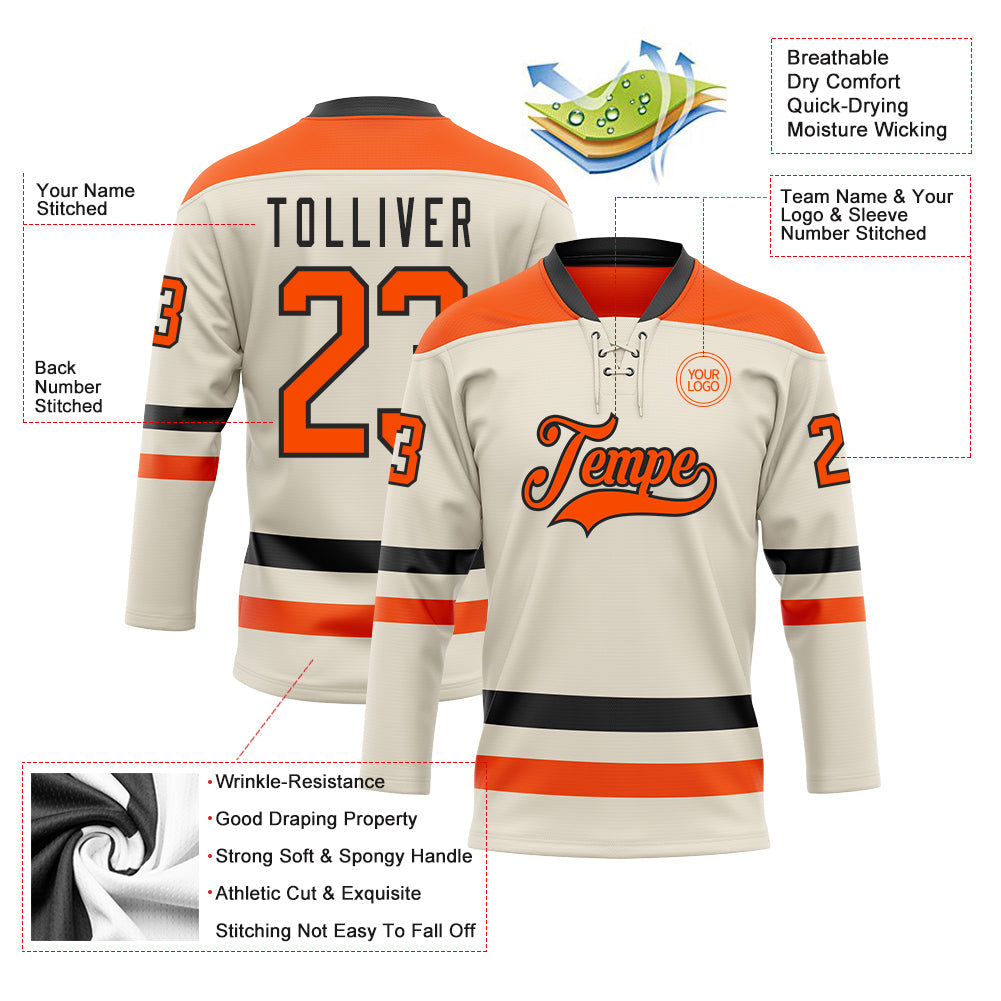 Custom Cream Orange-Black Hockey Lace Neck Jersey view 3