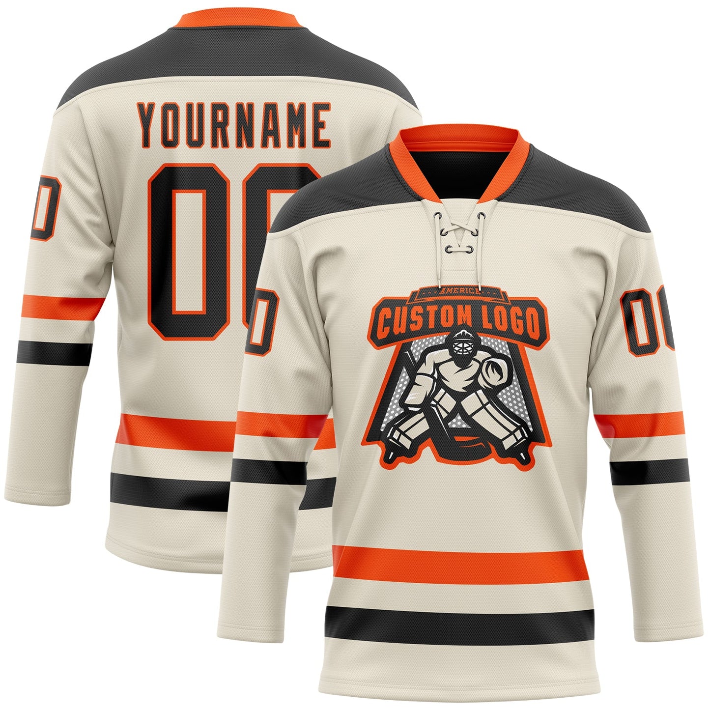 Custom Cream Black-Orange Hockey Lace Neck Jersey view 2