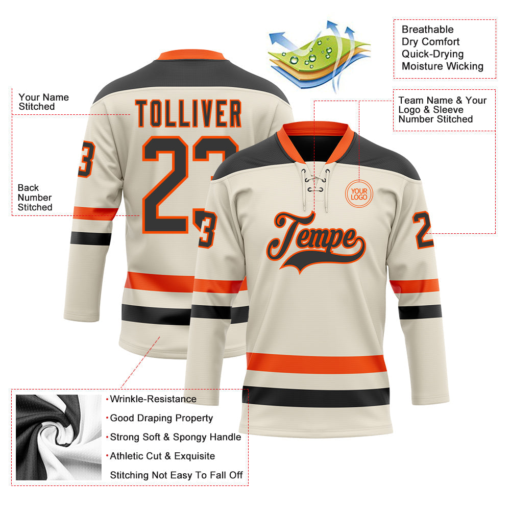 Custom Cream Black-Orange Hockey Lace Neck Jersey view 3