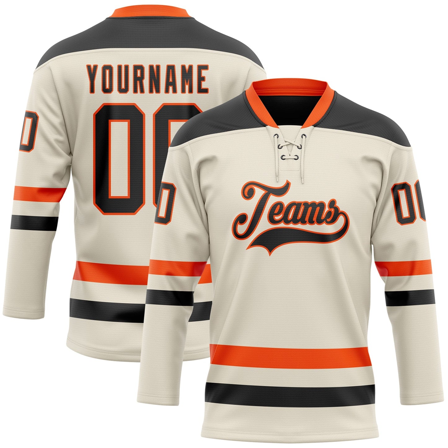 Custom Cream Black-Orange Hockey Lace Neck Jersey - Main View