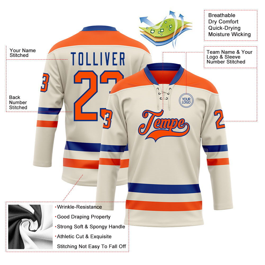Custom Cream Orange-Royal Hockey Lace Neck Jersey view 3