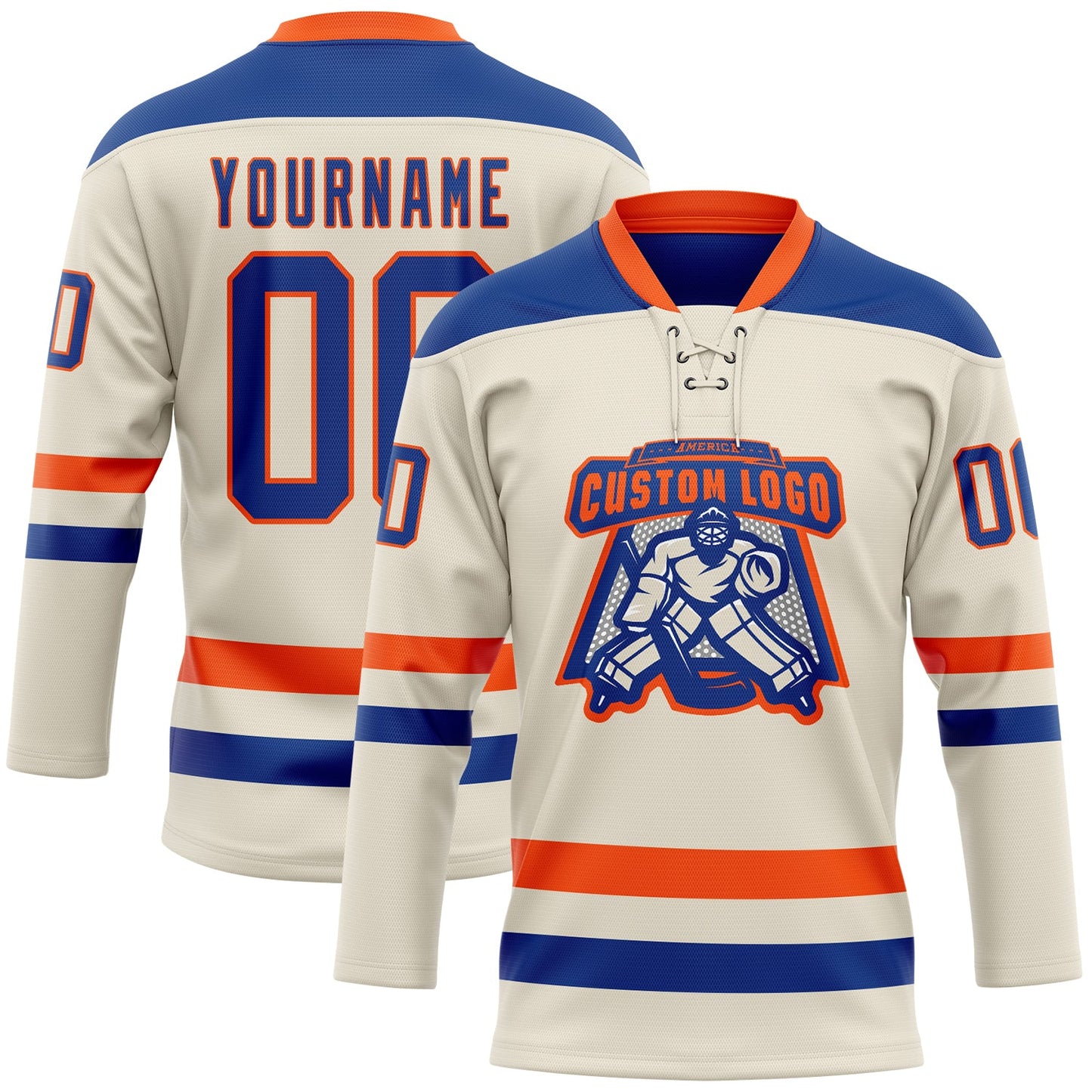 Custom Cream Royal-Orange Hockey Lace Neck Jersey view 2