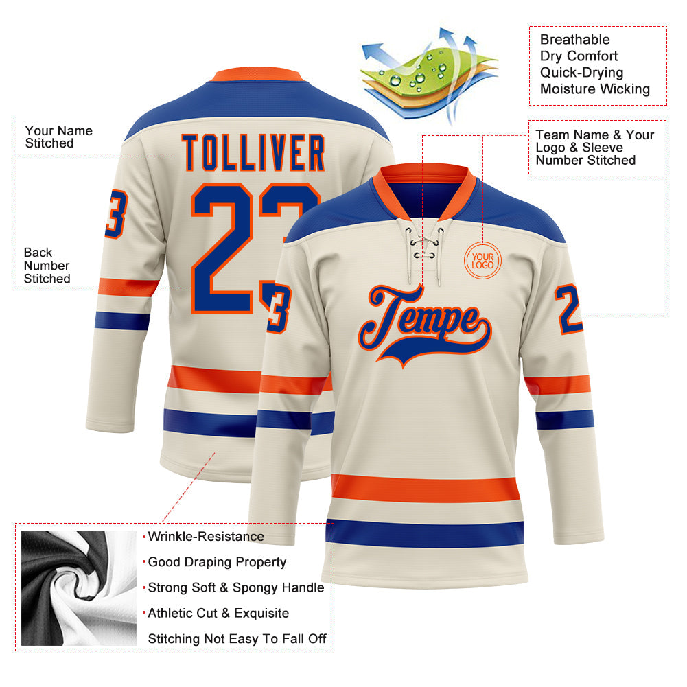Custom Cream Royal-Orange Hockey Lace Neck Jersey view 3