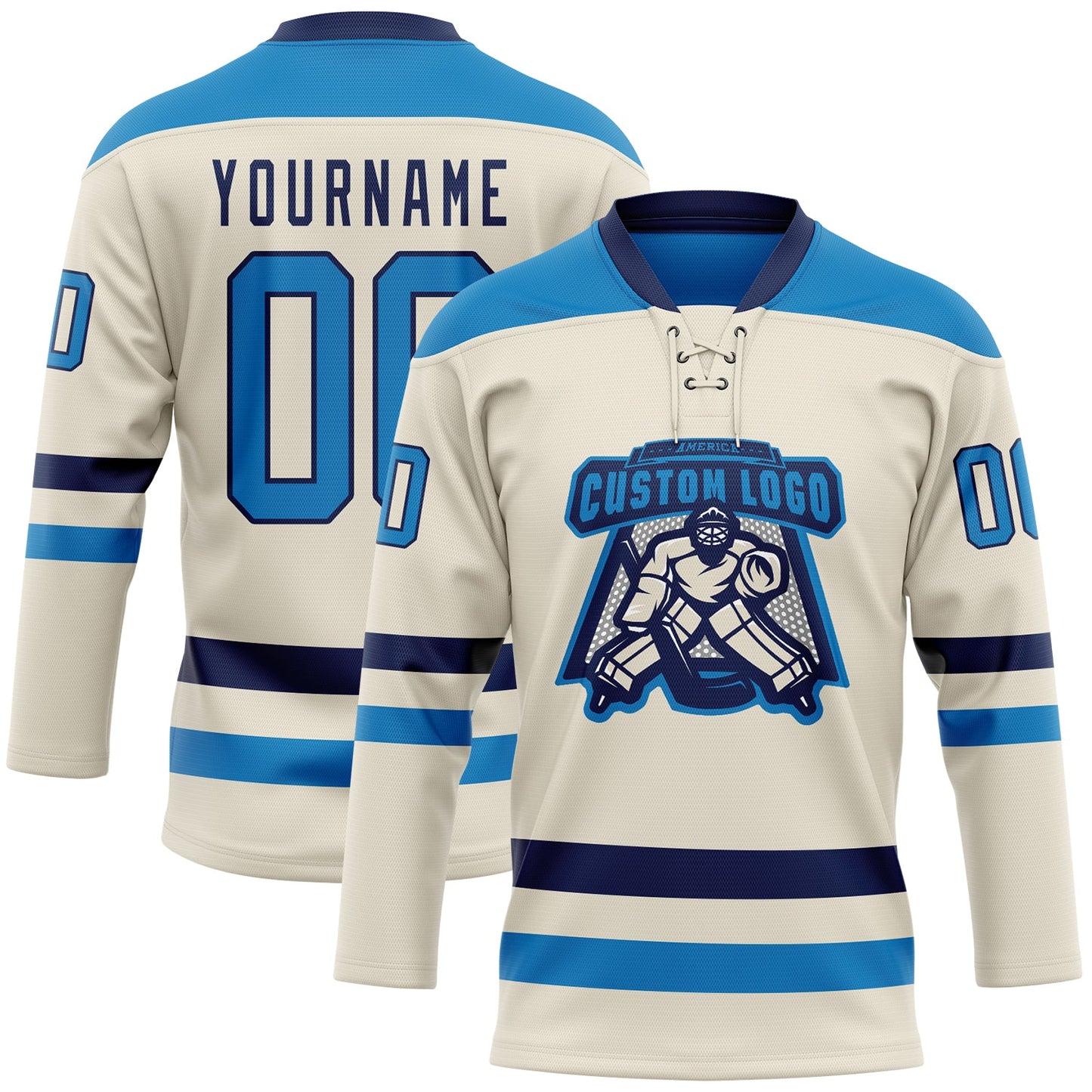 Custom Cream Blue-Navy Hockey Lace Neck Jersey view 2