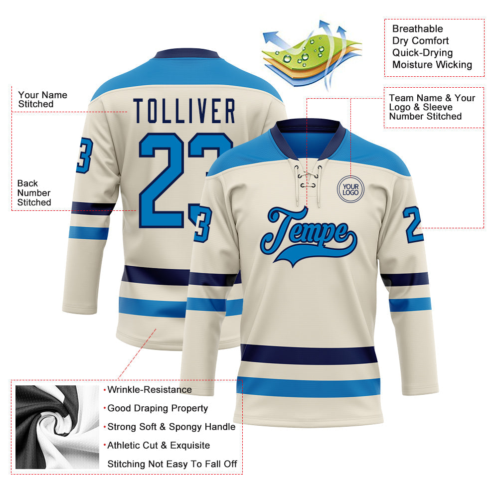 Custom Cream Blue-Navy Hockey Lace Neck Jersey view 3