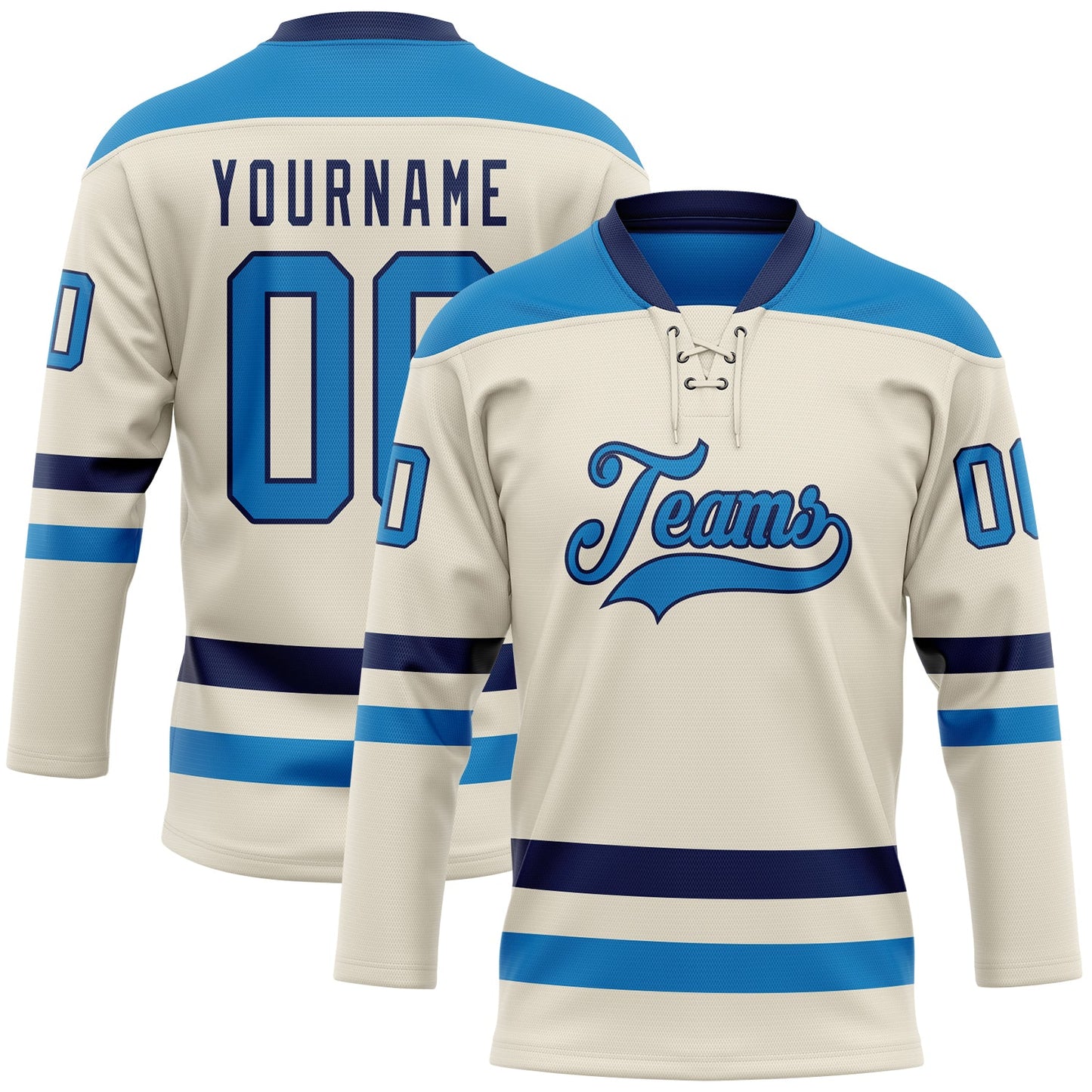 Custom Cream Blue-Navy Hockey Lace Neck Jersey - Main View