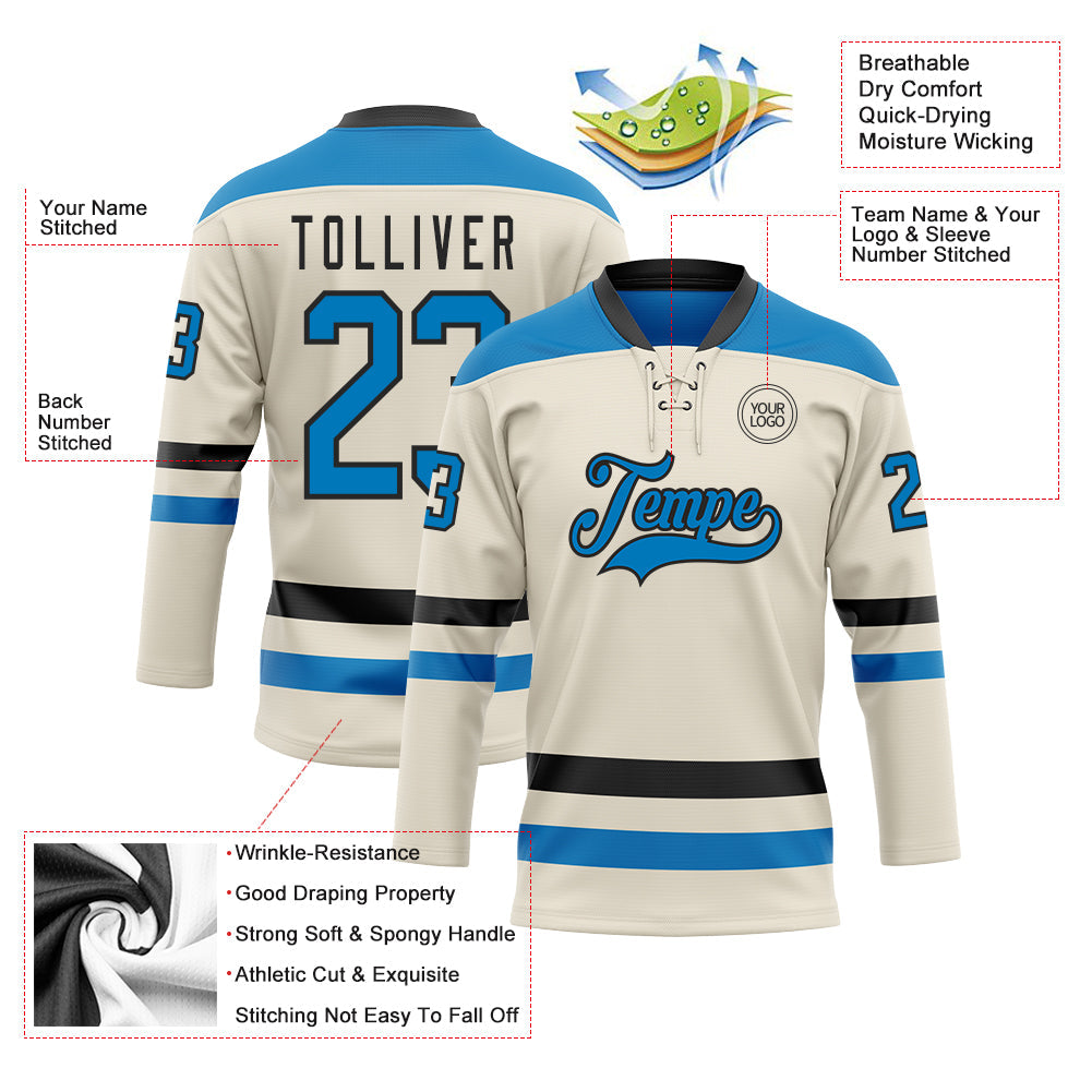 Custom Cream Blue-Black Hockey Lace Neck Jersey view 3