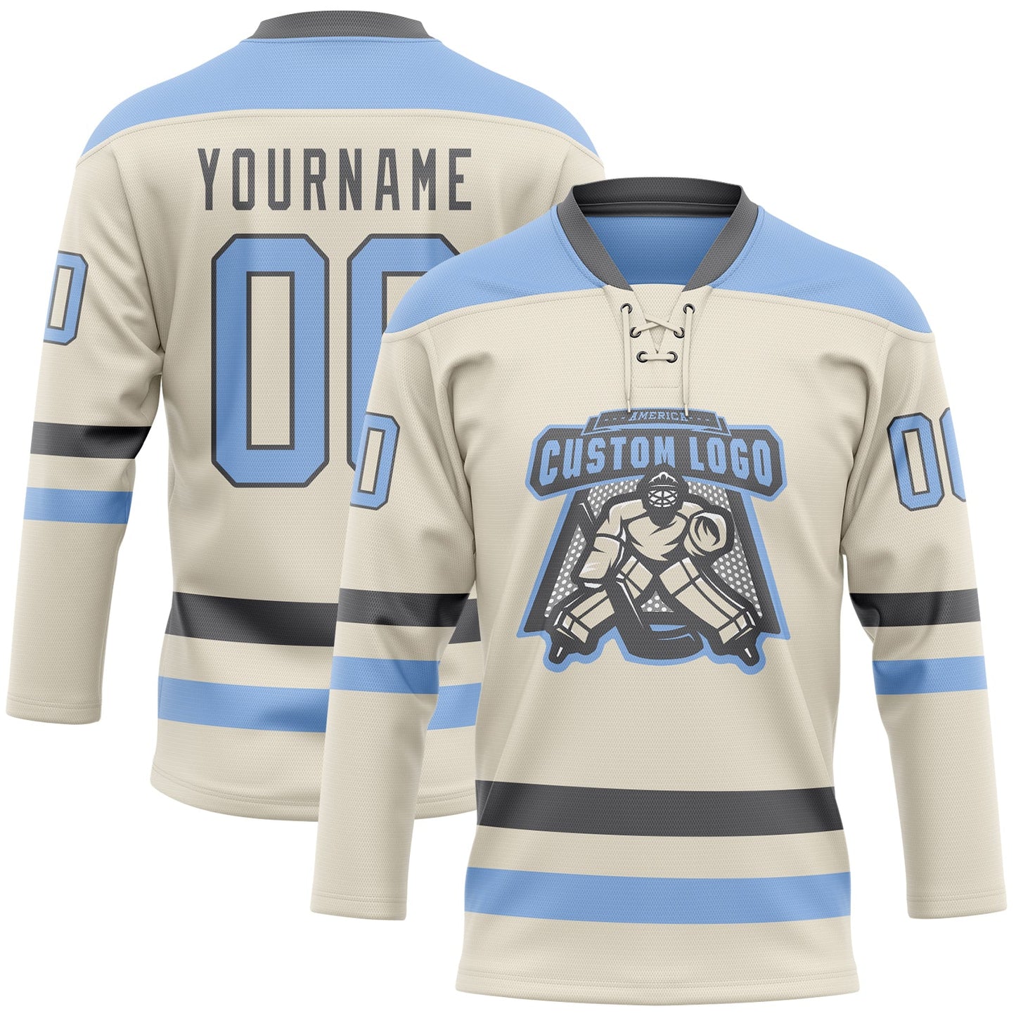 Custom Cream Light Blue-Steel Gray Hockey Lace Neck Jersey view 2