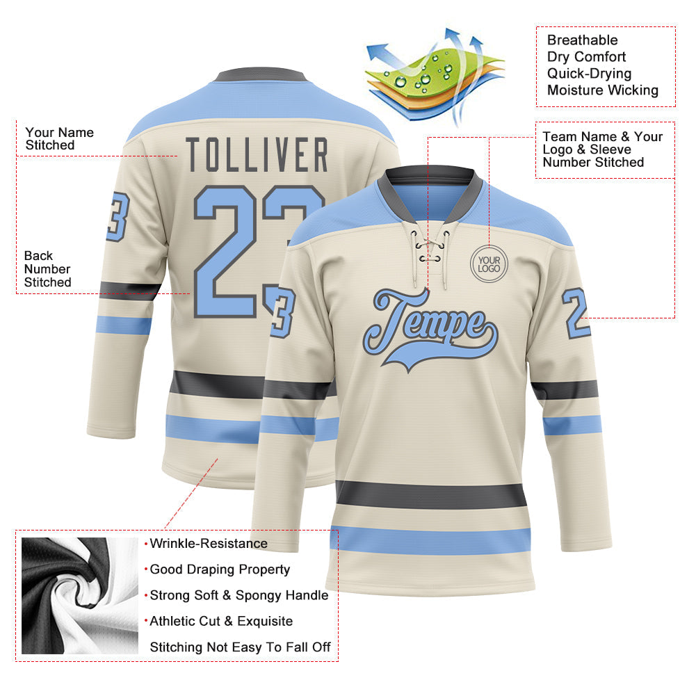 Custom Cream Light Blue-Steel Gray Hockey Lace Neck Jersey view 3