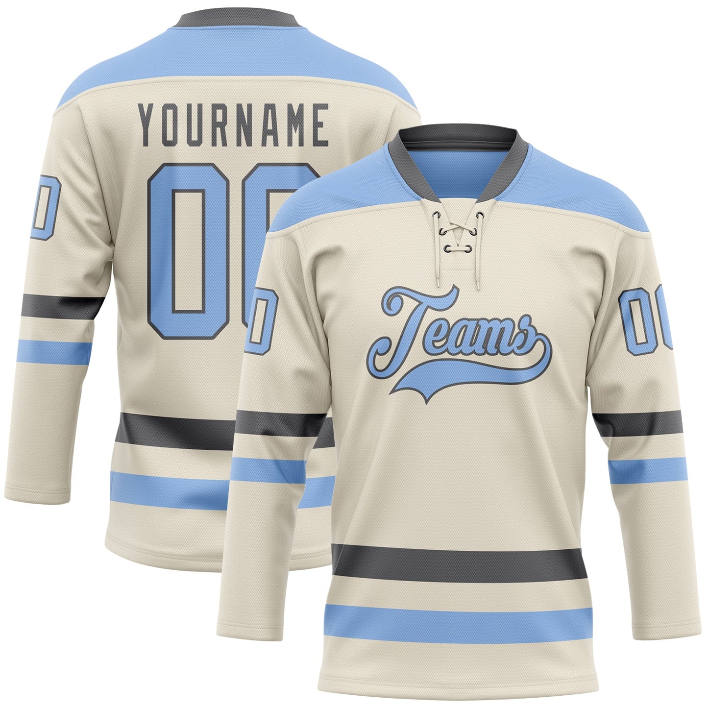Custom Cream Light Blue-Steel Gray Hockey Lace Neck Jersey - Main View