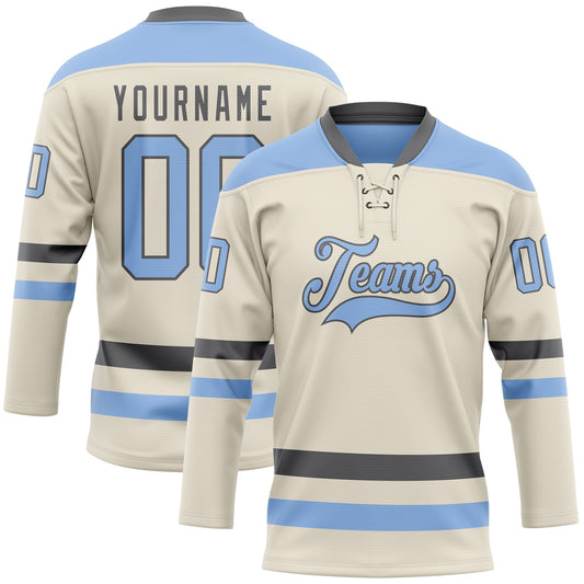 Custom Cream Light Blue-Steel Gray Hockey Lace Neck Jersey - Main View
