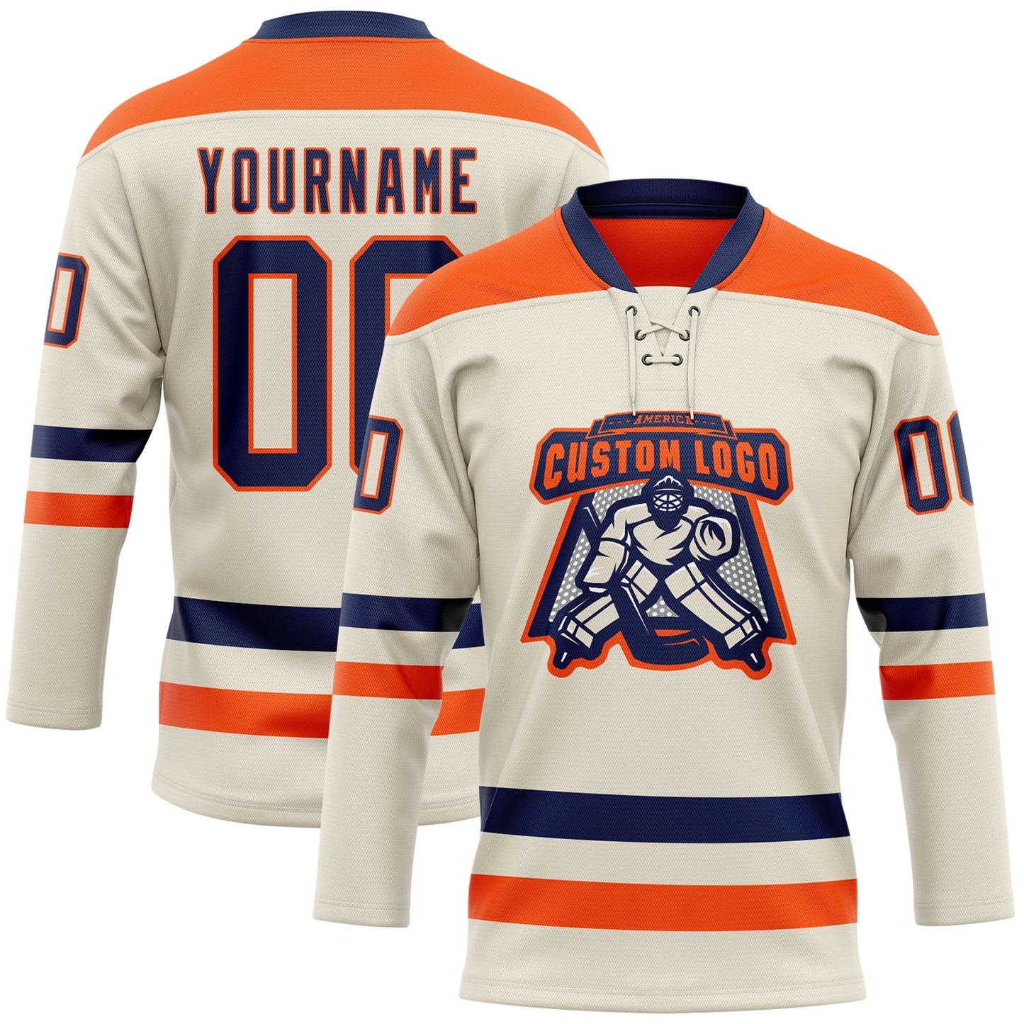 Custom Cream Navy-Orange Hockey Lace Neck Jersey view 2