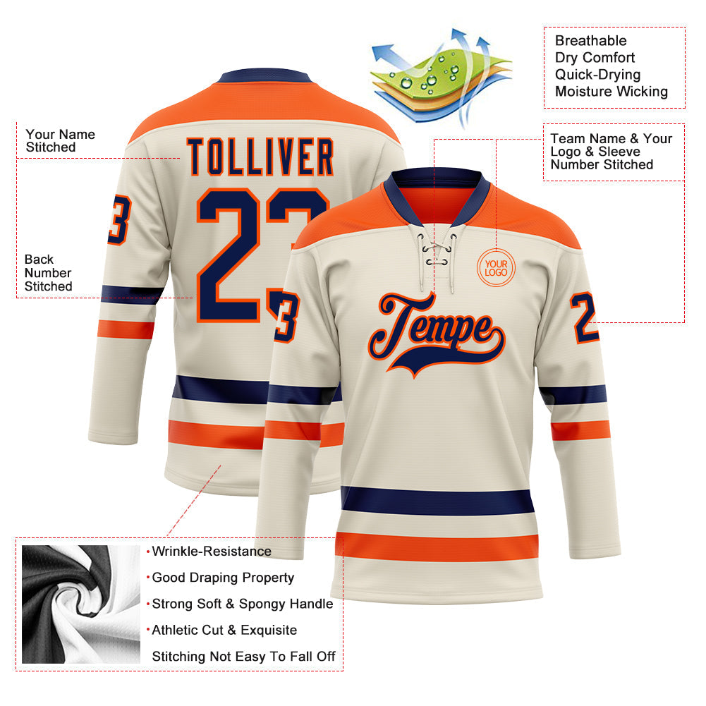 Custom Cream Navy-Orange Hockey Lace Neck Jersey view 3