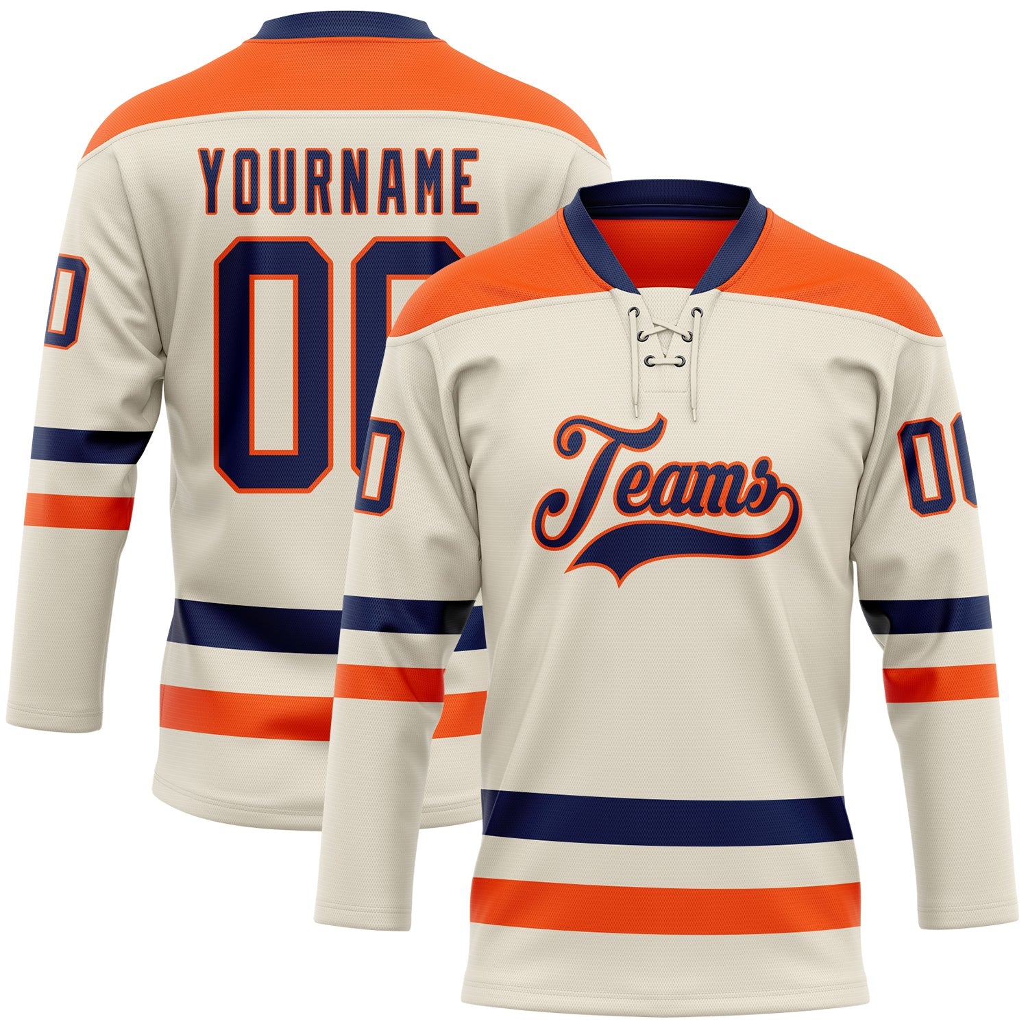 Custom Cream Navy-Orange Hockey Lace Neck Jersey - Main View