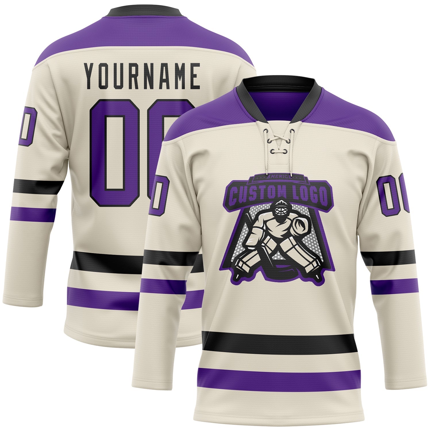 Custom Cream Purple-Black Hockey Lace Neck Jersey view 2