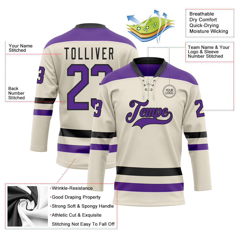 Custom Cream Purple-Black Hockey Lace Neck Jersey view 3