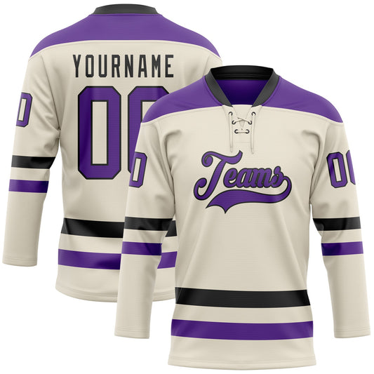 Custom Cream Purple-Black Hockey Lace Neck Jersey - Main View