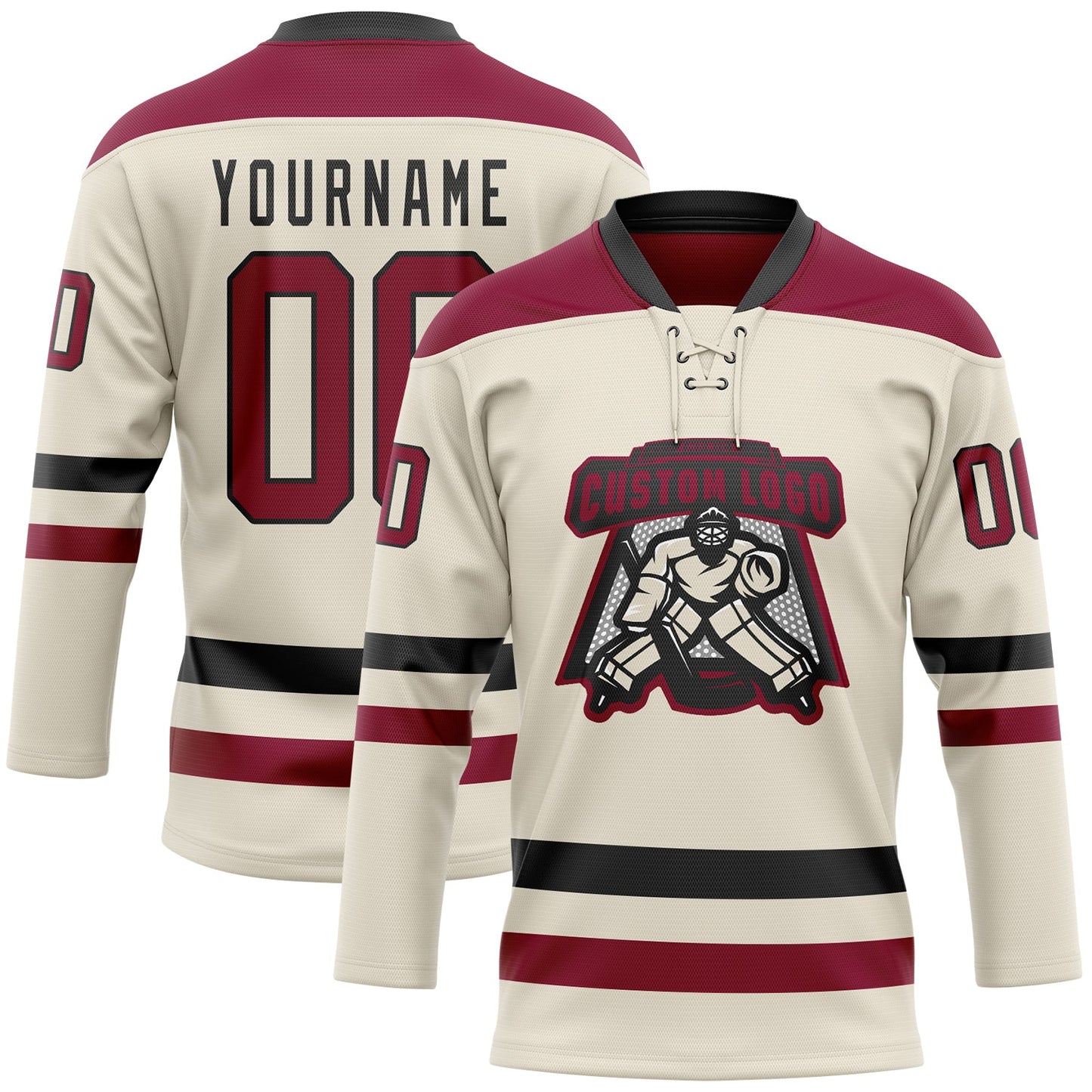 Custom Cream Maroon-Black Hockey Lace Neck Jersey view 2