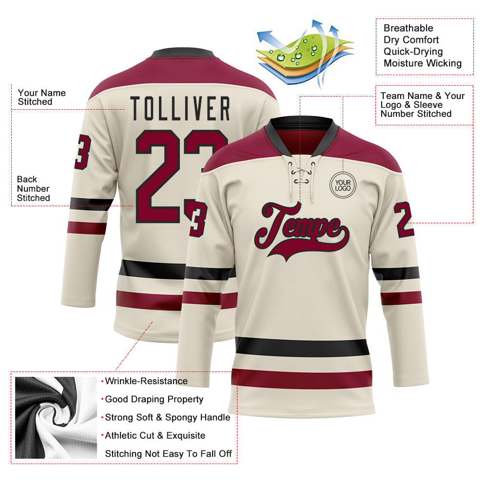 Custom Cream Maroon-Black Hockey Lace Neck Jersey view 3
