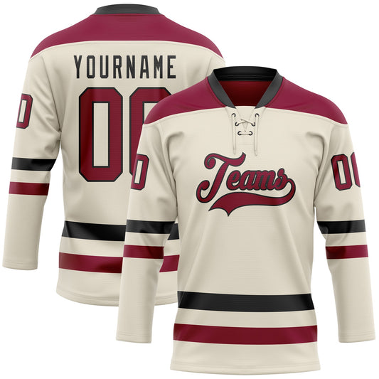 Custom Cream Maroon-Black Hockey Lace Neck Jersey - Main View
