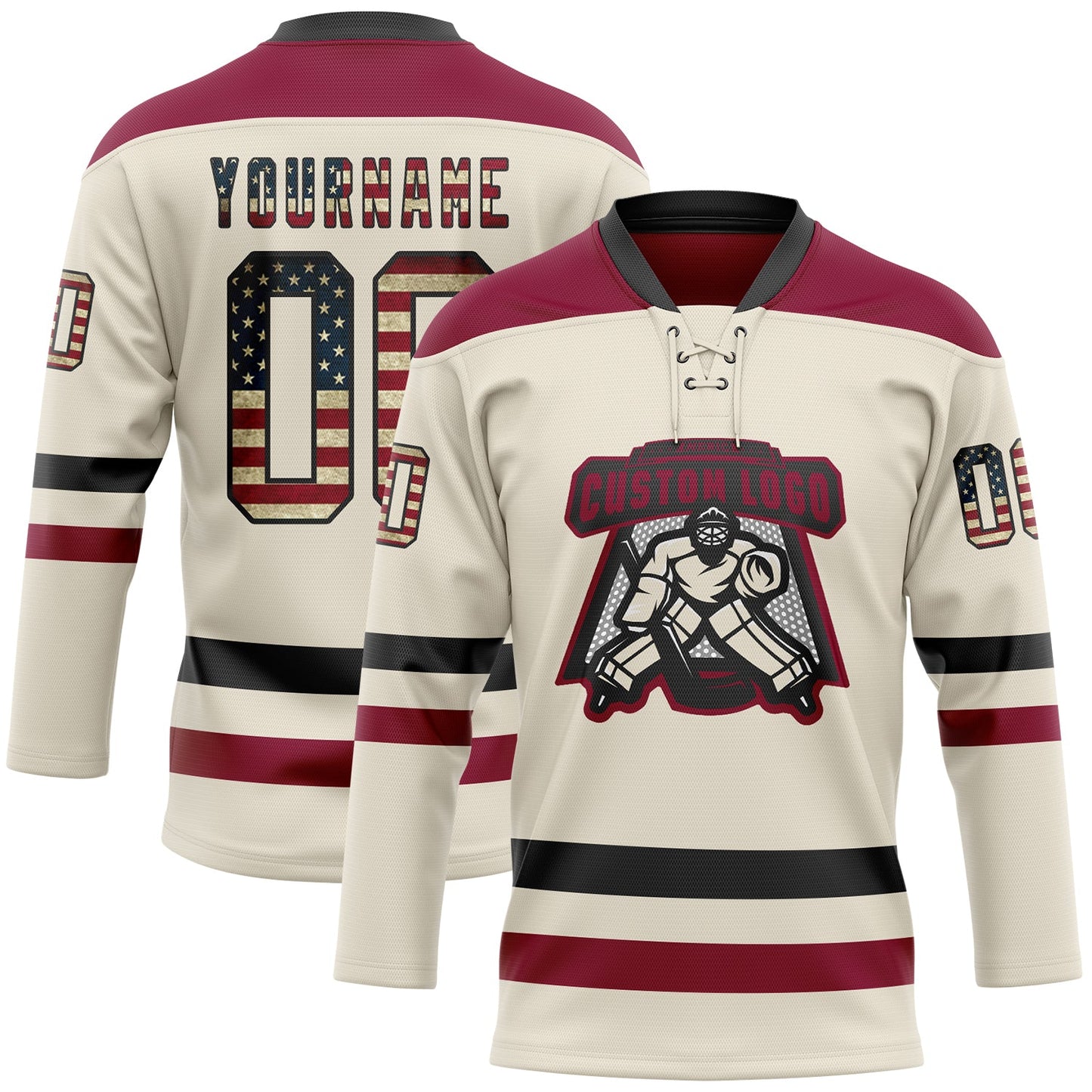 Custom Cream Vintage USA Flag Black-Maroon Hockey Lace Neck Jersey view 2