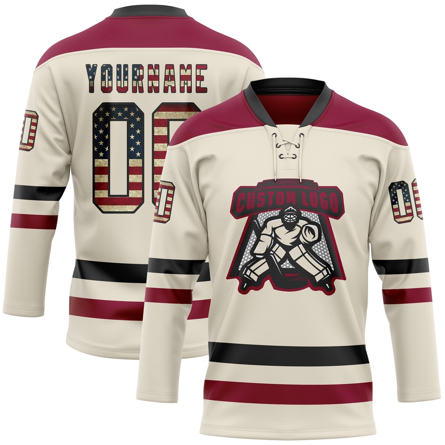 Custom Cream Vintage USA Flag Black-Maroon Hockey Lace Neck Jersey view 2