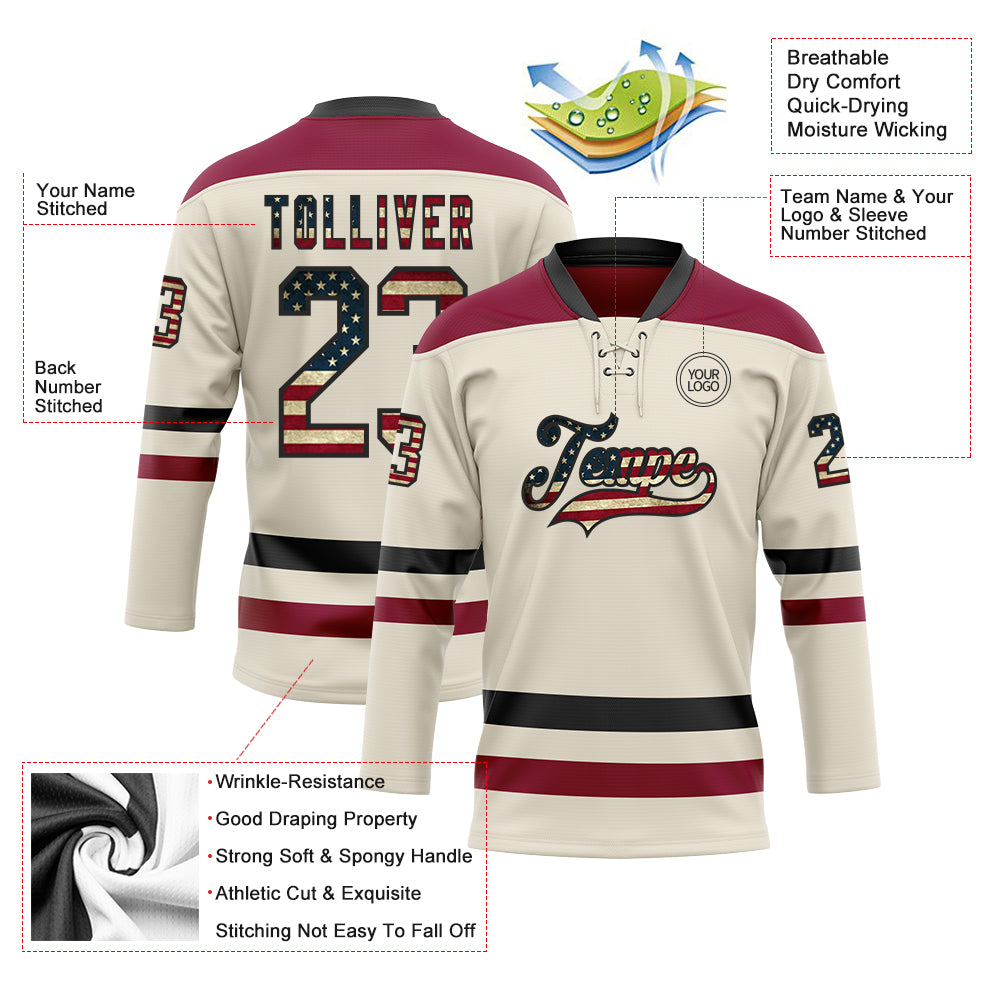 Custom Cream Vintage USA Flag Black-Maroon Hockey Lace Neck Jersey view 3