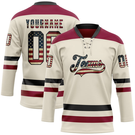 Custom Cream Vintage USA Flag Black-Maroon Hockey Lace Neck Jersey - Main View