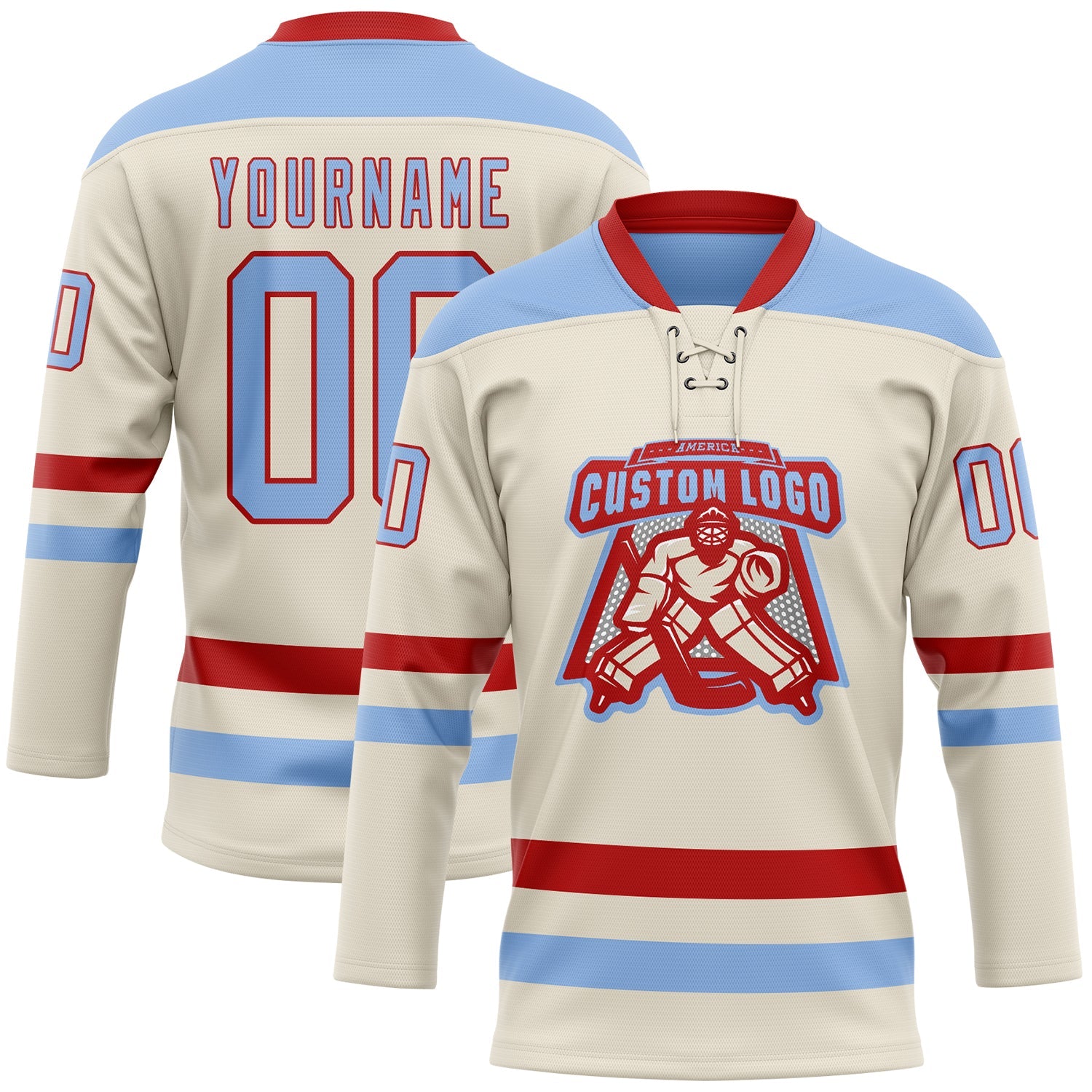 Custom Cream Light Blue-Red Hockey Lace Neck Jersey view 2