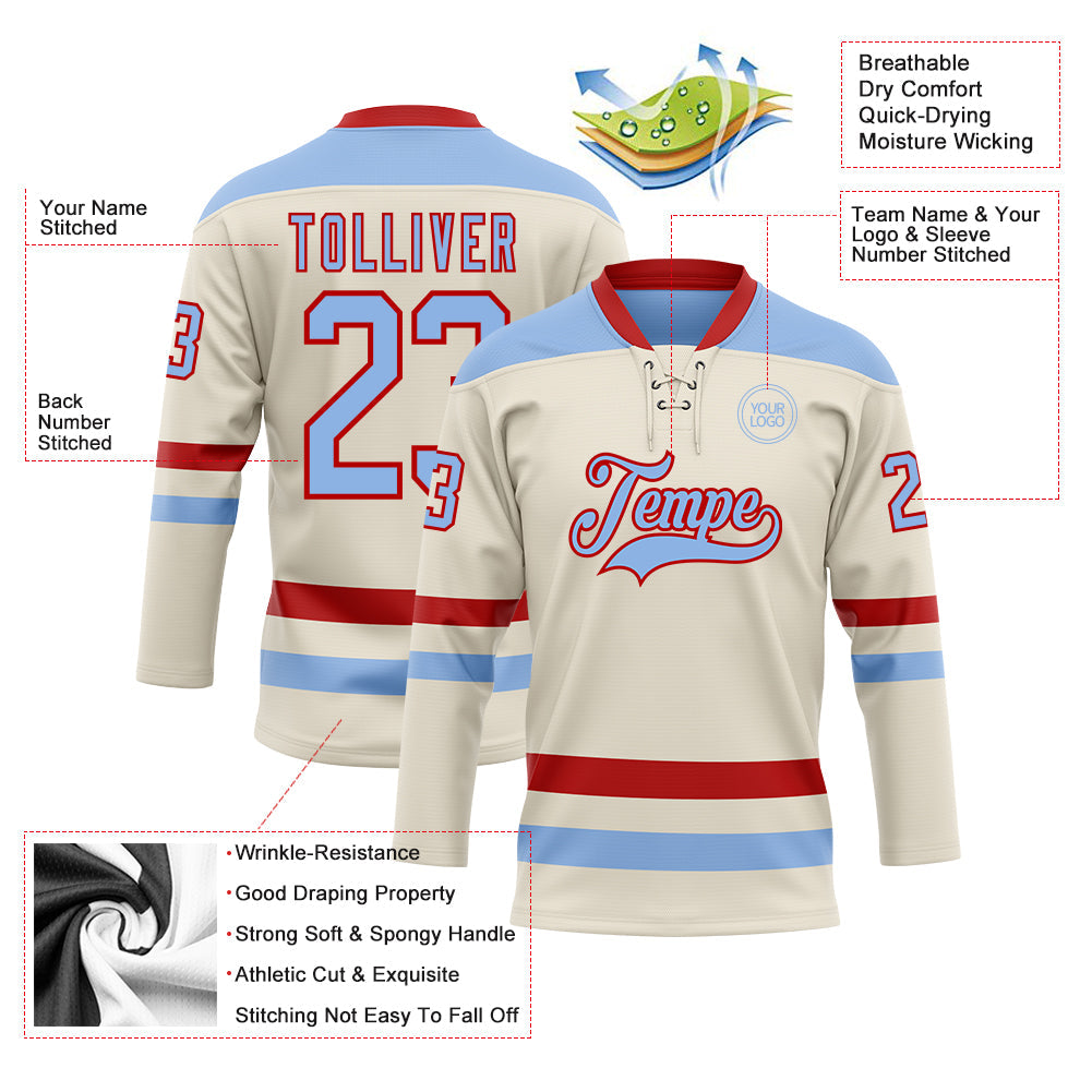 Custom Cream Light Blue-Red Hockey Lace Neck Jersey view 3