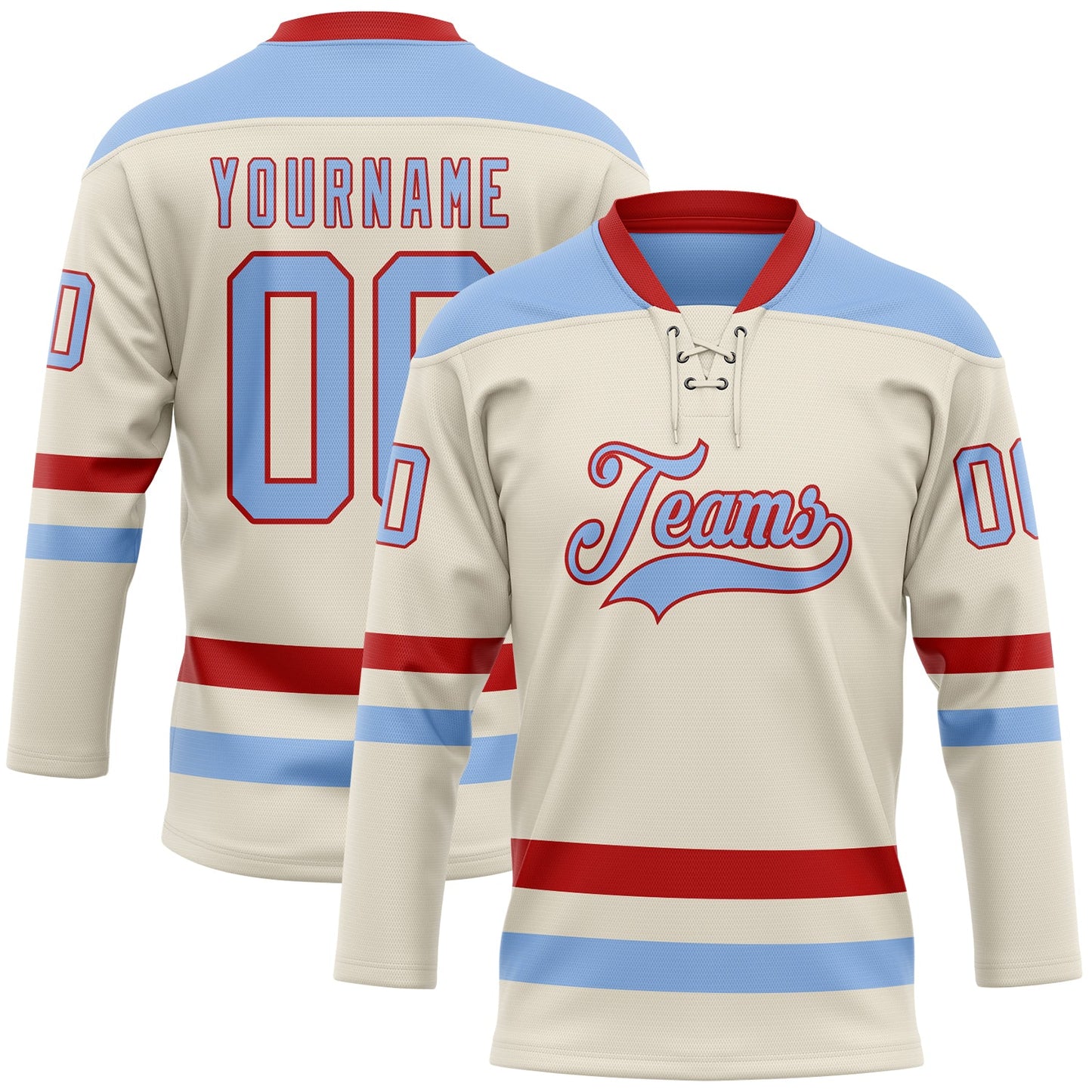 Custom Cream Light Blue-Red Hockey Lace Neck Jersey - Main View