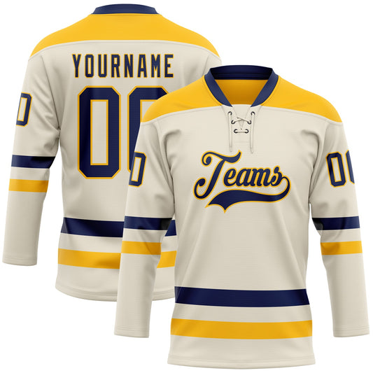 Custom Cream Navy-Gold Hockey Lace Neck Jersey - Main View