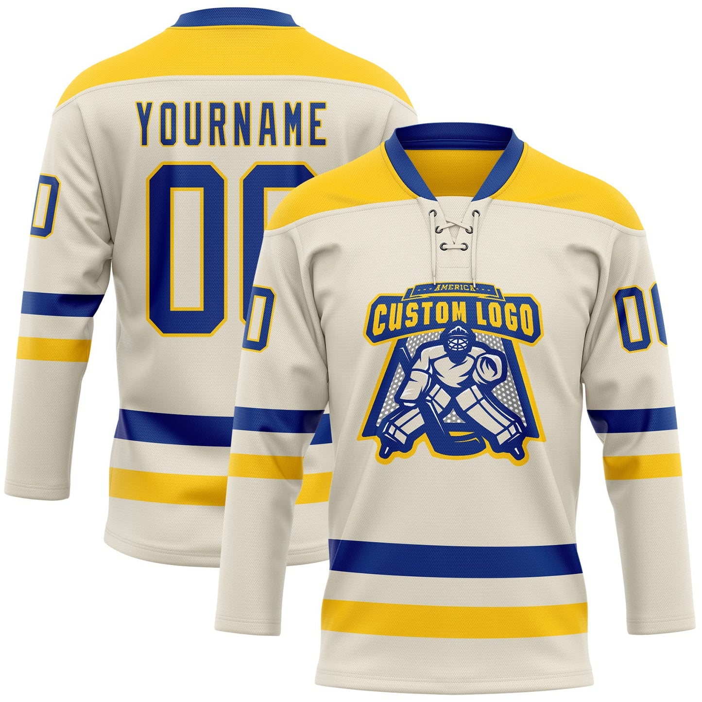 Custom Cream Royal-Yellow Hockey Lace Neck Jersey view 2