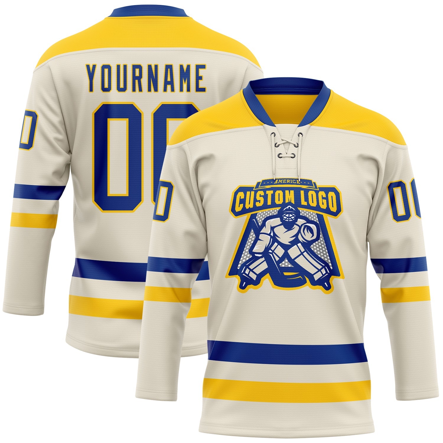 Custom Cream Royal-Yellow Hockey Lace Neck Jersey view 2