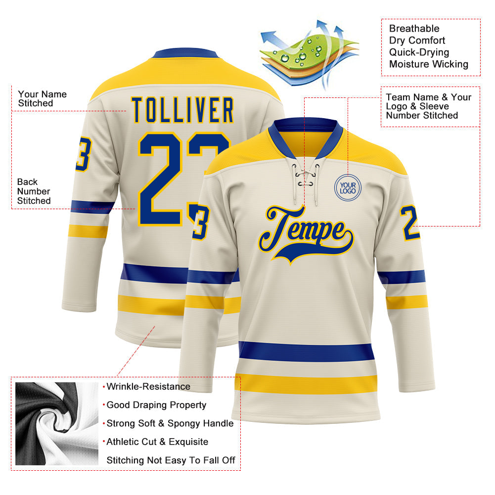 Custom Cream Royal-Yellow Hockey Lace Neck Jersey view 3