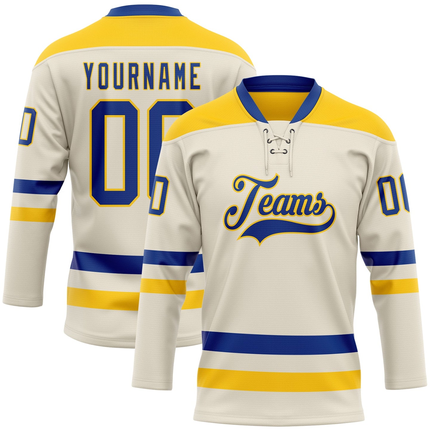 Custom Cream Royal-Yellow Hockey Lace Neck Jersey - Main View